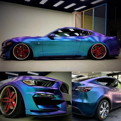 Revestimiento de vinilo para automóviles de liberación de aire estirable en metal brillante Camaleón morado azul